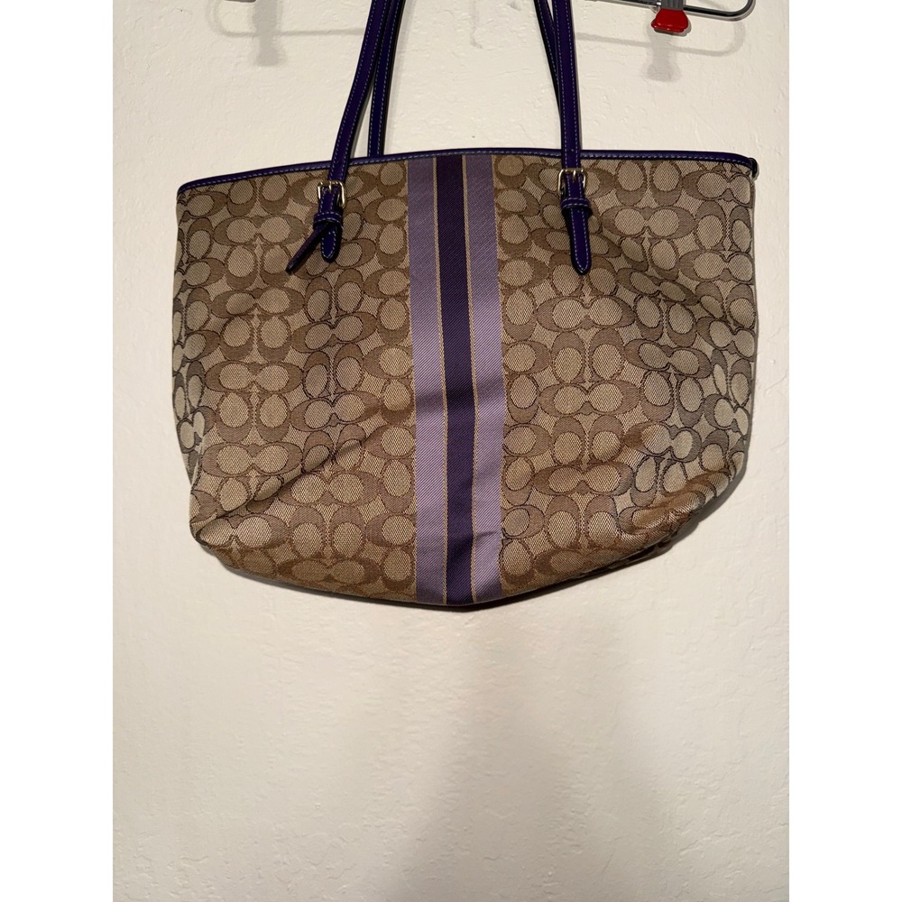 Coach Signature Stripe Tote Bag and wallet Purple Trim Canvas Leather Trim - Picture 3 of 10